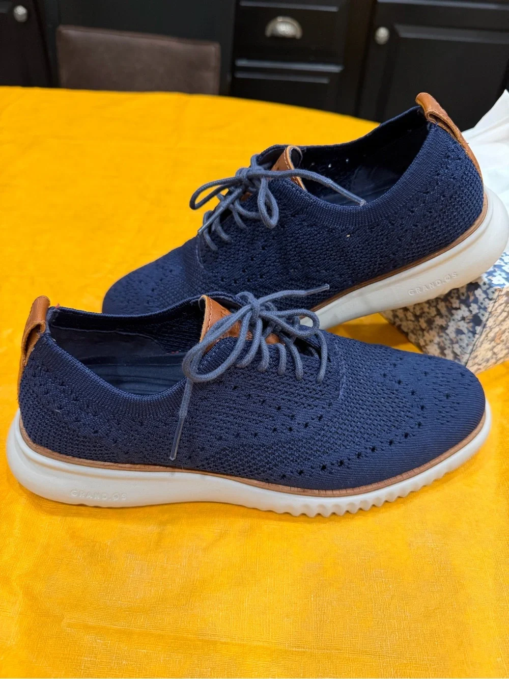 Cole Haan Navy Knit Lace-Up Oxfords with Tan Accents